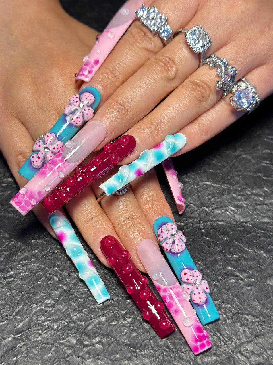 Handmade Floral & Bubble Design Press-On Nails – Vibrant Long Nail Set for Bold Looks