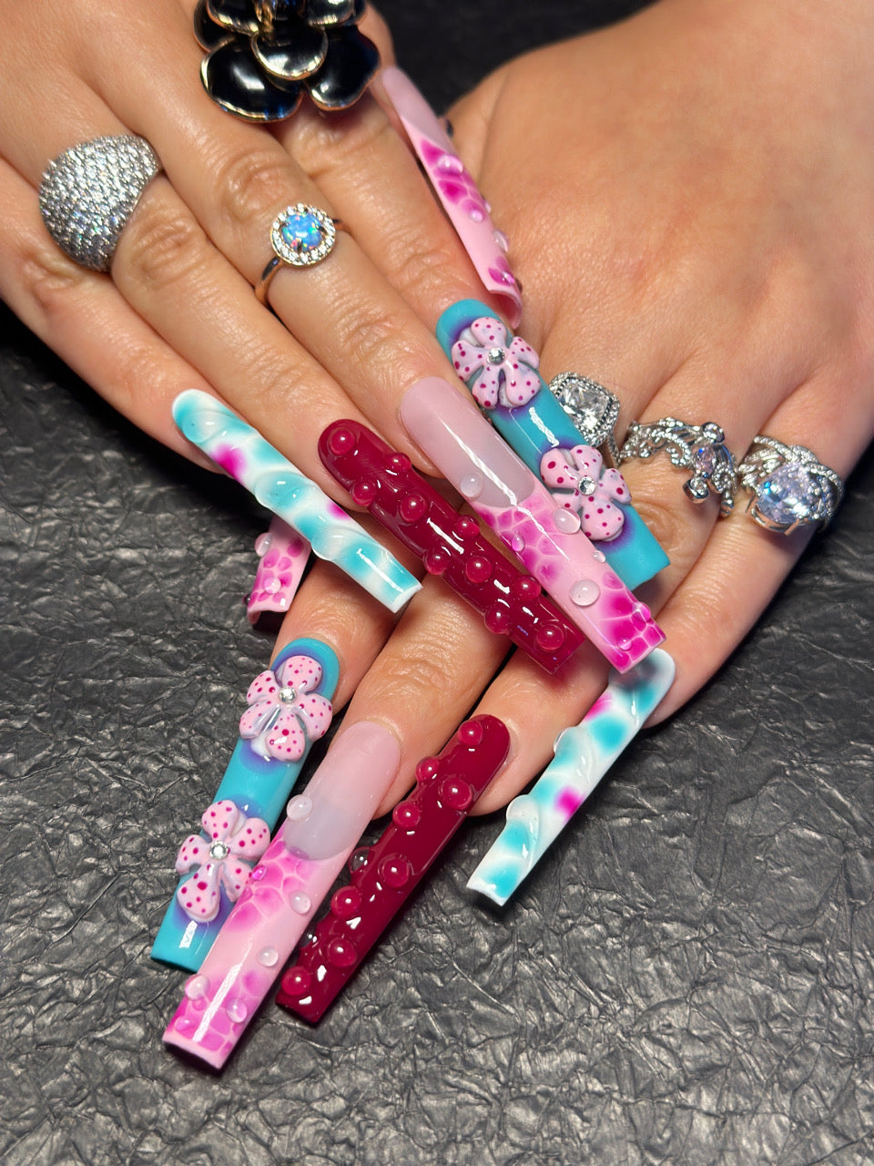 Handmade Floral & Bubble Design Press-On Nails – Vibrant Long Nail Set for Bold Looks