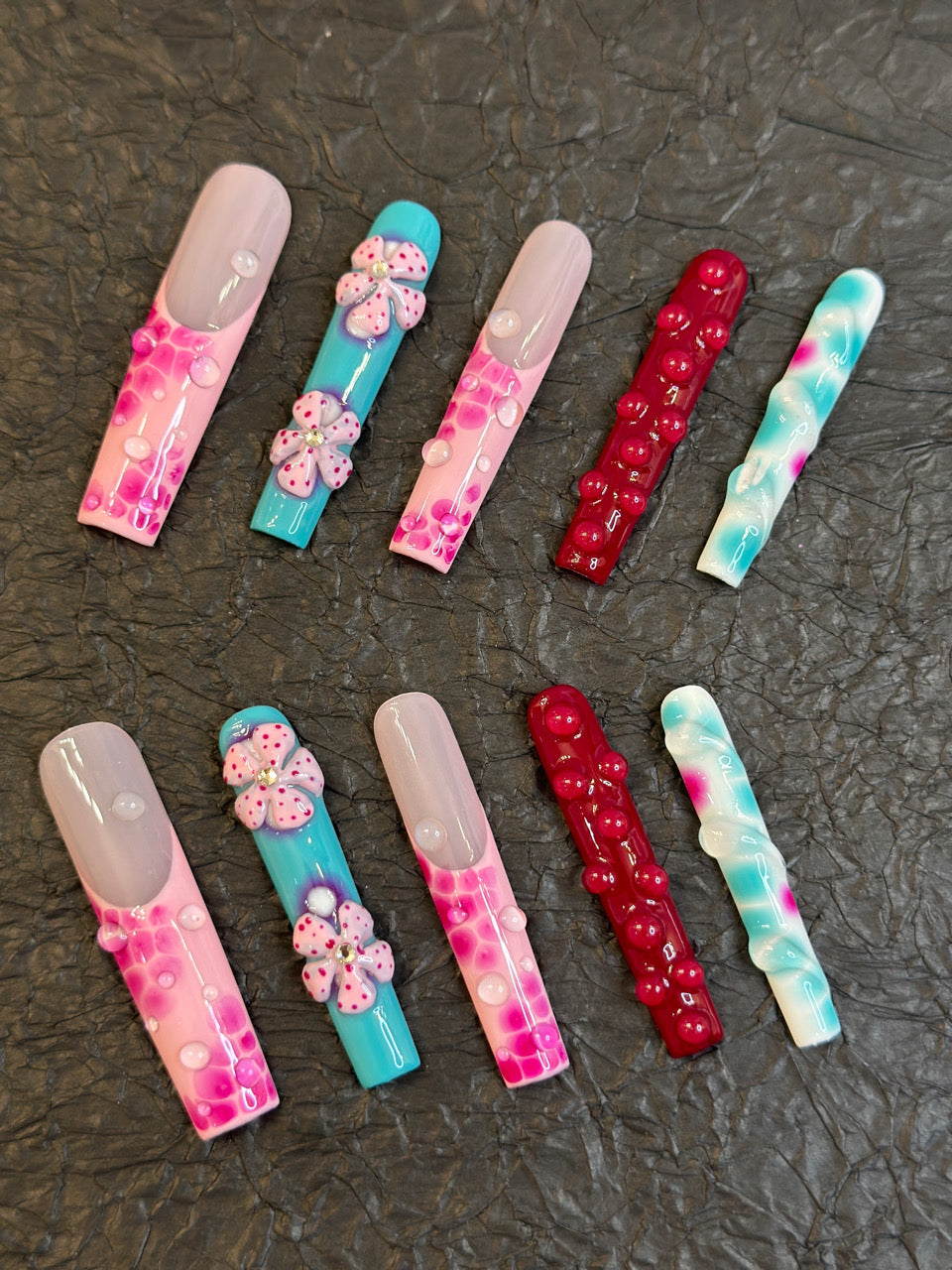 Handmade Floral & Bubble Design Press-On Nails – Vibrant Long Nail Set for Bold Looks