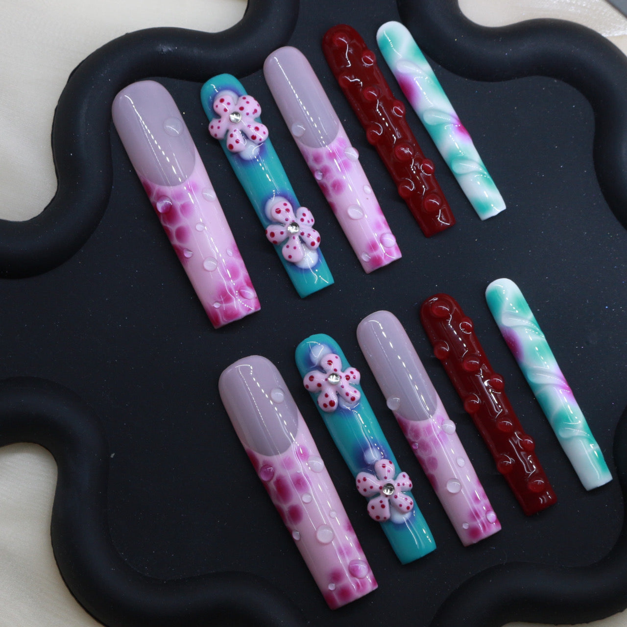 Handmade Floral & Bubble Design Press-On Nails – Vibrant Long Nail Set for Bold Looks