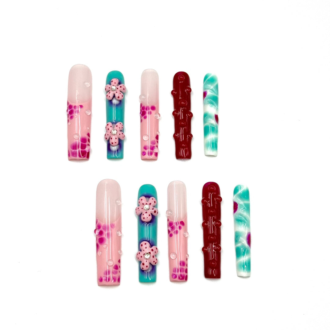 Handmade Floral & Bubble Design Press-On Nails – Vibrant Long Nail Set for Bold Looks